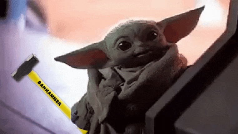 The meme is an image of the character Baby Yoda from the TV show "The Mandalorian" holding a hammer and a sign that reads "BANKABOGER" (a play on "Bank Robber"). The image is a humorous take on the character's innocence and the absurdity of the situation.